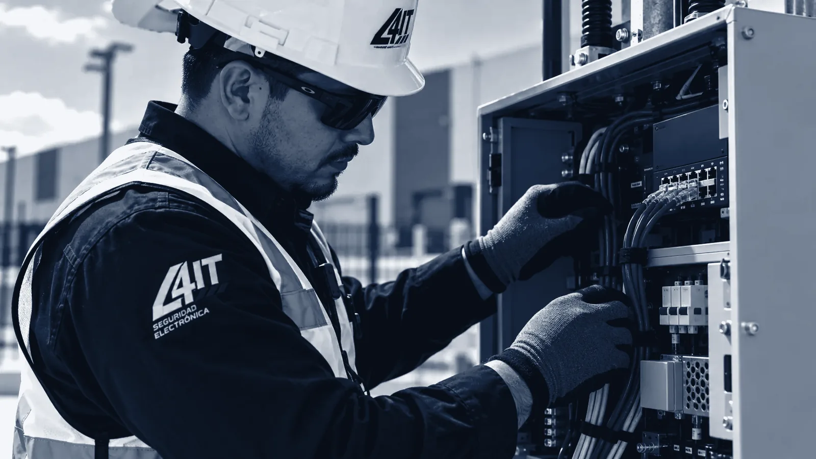 Técnico conecta el cableado de red en un gabinete de control