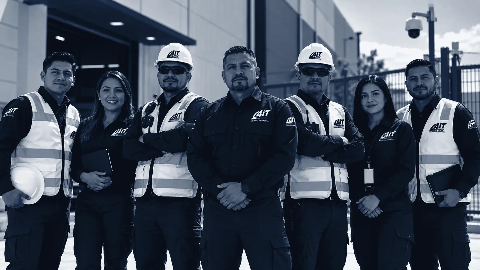 Equipo técnico y administrativo con uniforme de Control4IT frente a un centro de distribución
