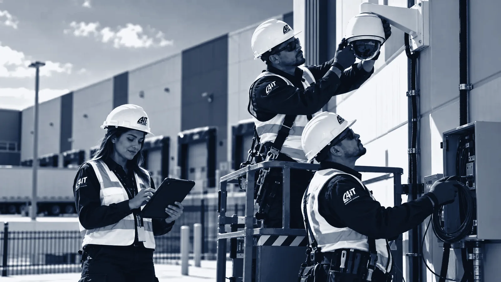 Técnicos instalan una cámara domo desde una plataforma elevadora